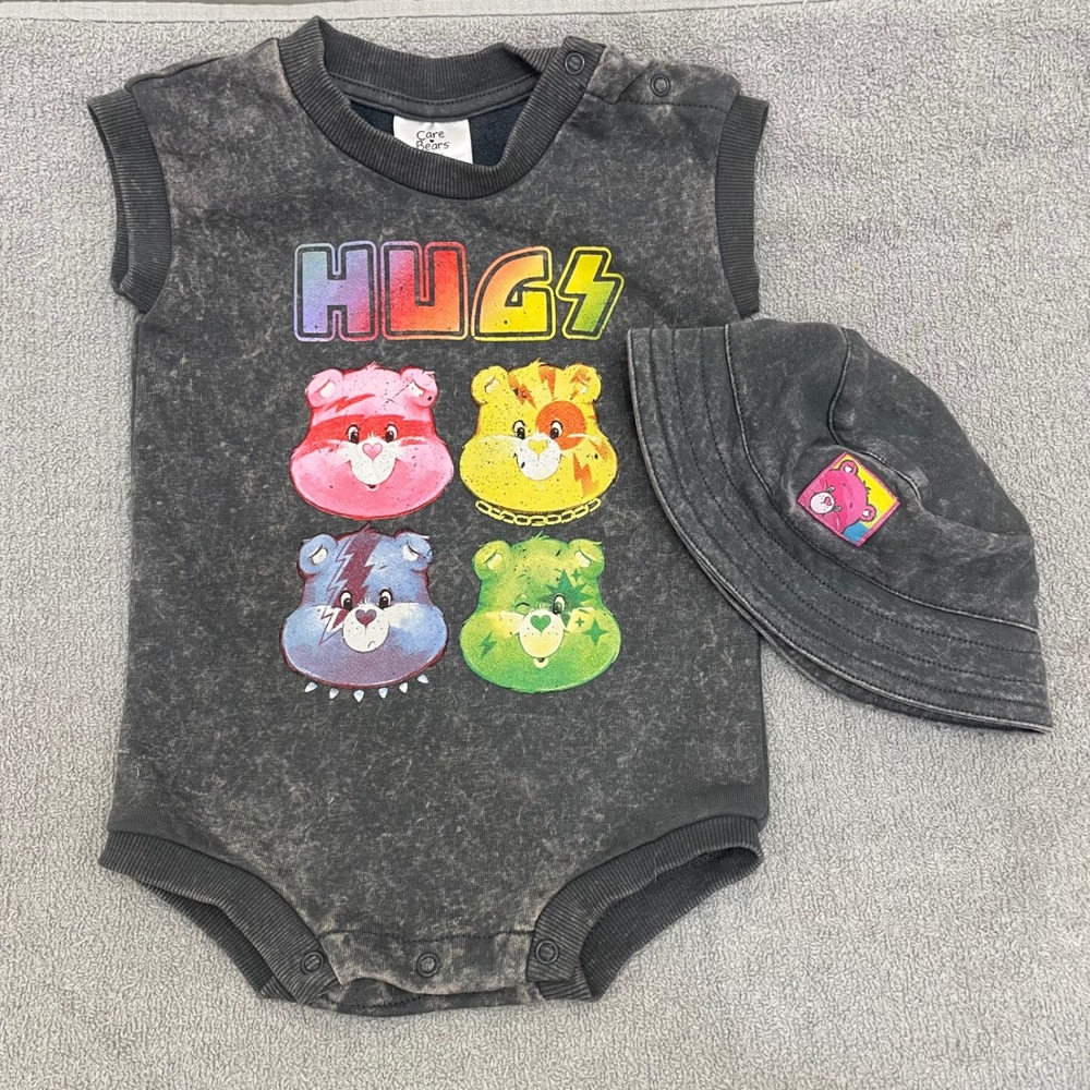 Care Bears Baby 12M Mineral Wash Romper and Bucket Hat Set Grey HUGS Rocker‎